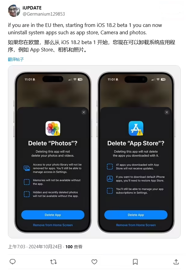 德清苹果手机维修分享iOS 18.2 支持删除 App Store 应用商店 