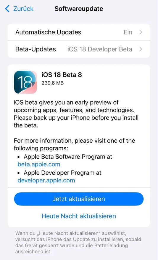 德清苹果手机维修分享苹果 iOS / iPadOS 18 开发者预览版 Beta 8 发布 